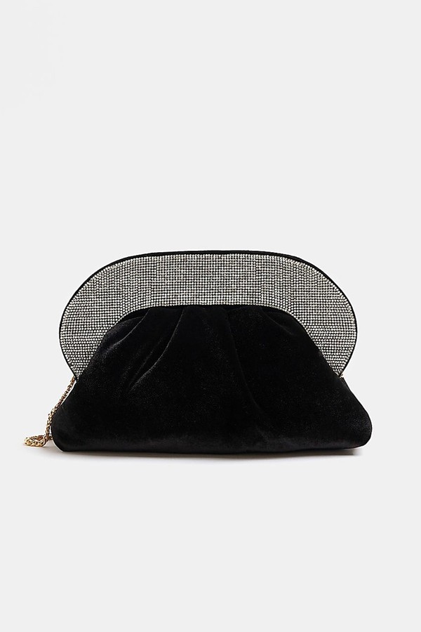 Black Velvet Diamante Clutch Bag from River Island