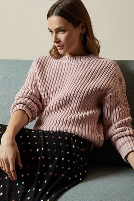 Button Sleeve Cable Knit Jumper