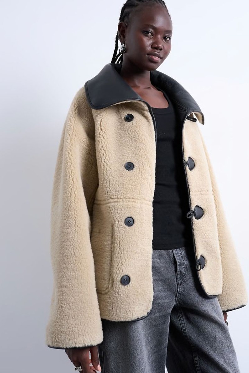Shearling Oversized Reversible Coat With Button Loop