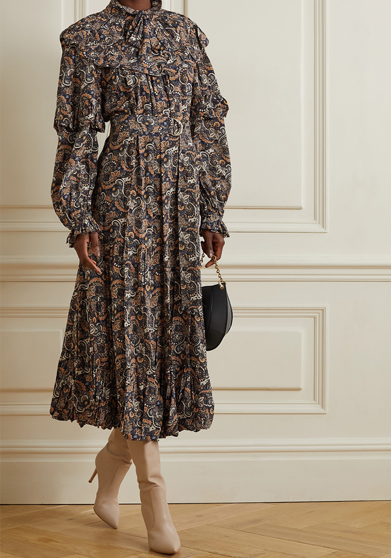 Belted Ruffled Floral-Print Silk Midi Dress from Ulla Johnson