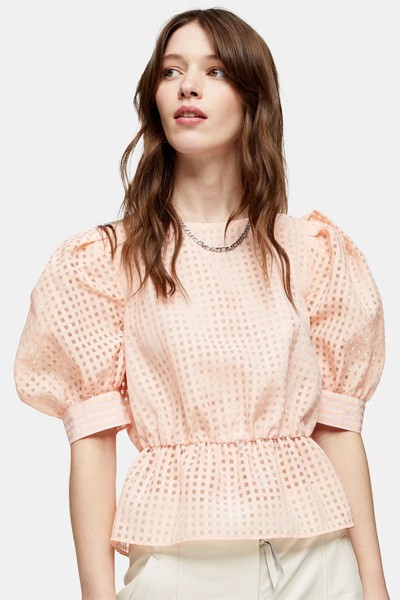 Peach Sheer Check Puff Sleeve Blouse