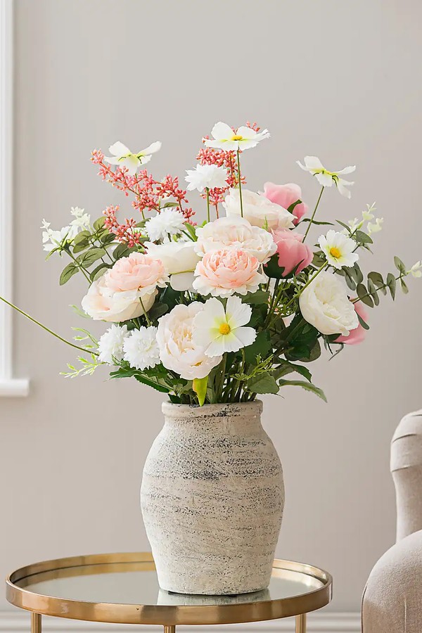 Artificial Rose Bouquet in Washed Grey Resin Vase