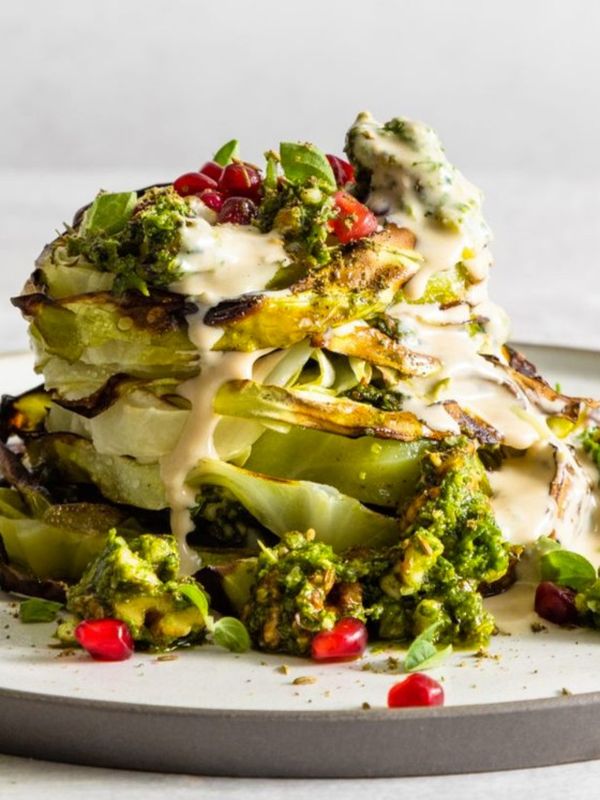 Roasted Cabbage Stack With Miso & Tahini Dressing