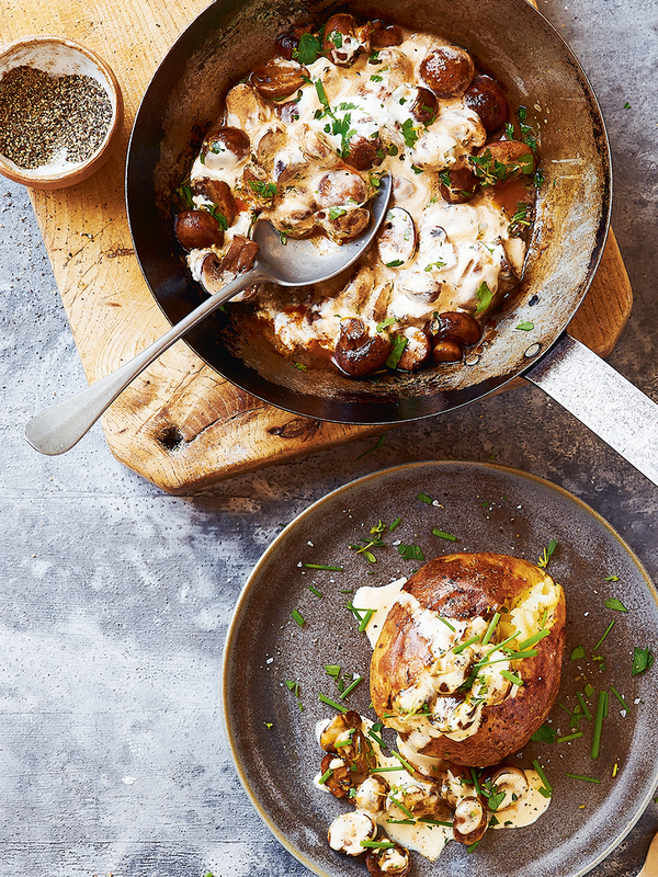 Paprika Soured Cream Mushrooms Topped Jacket Potatoes. 