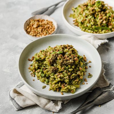 Pea, Spinach & Asparagus Risotto With A Granola Crunch