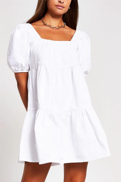 White Denim Puff Sleeve Smock Dress