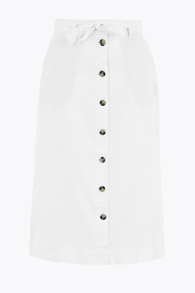 Linen Button Front Midi A-Line Skirt