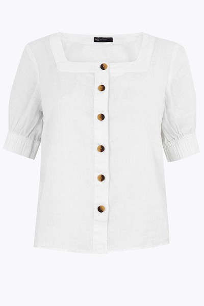 Pure Linen Square Neck Button Detail Blouse