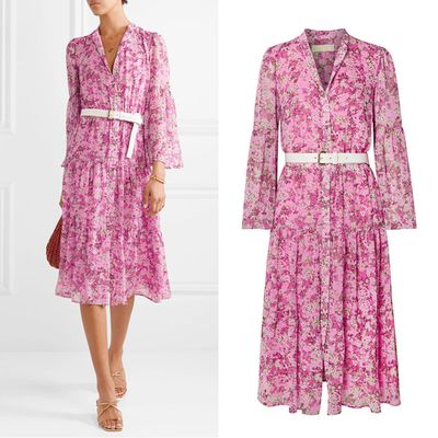 Belted Tiered Floral-Print Chiffon Midi Dress from Michael Michael Kors
