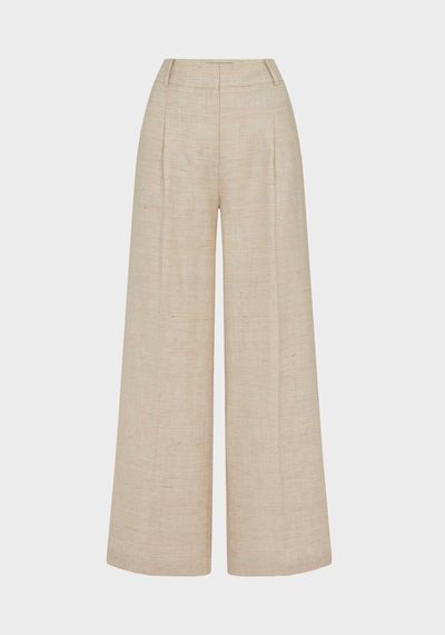 Linen Blend Wide Leg Pleated Trouser