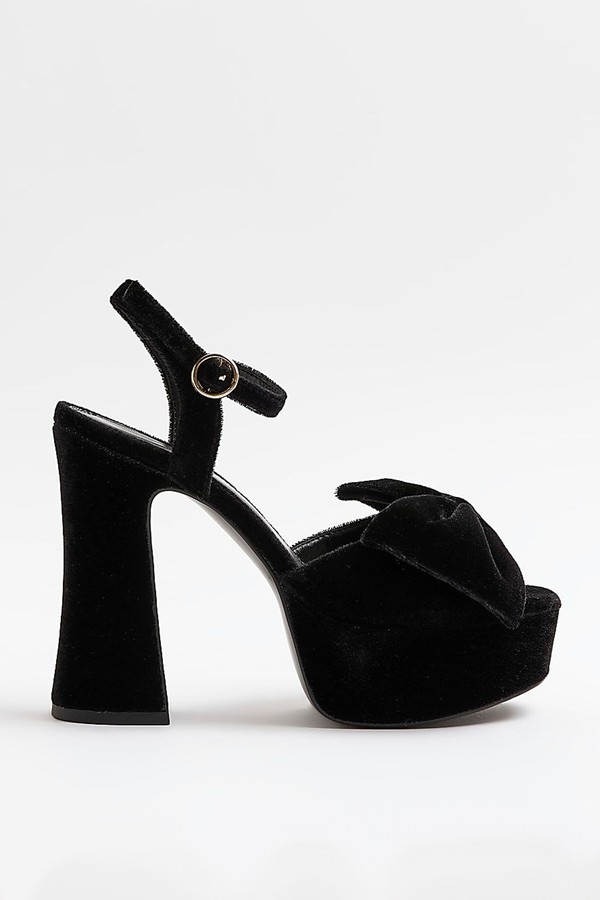 Black Velvet Bow Platform Heeled Sandals from River Island