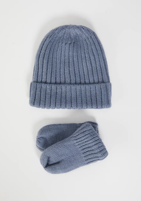 Blue Ribbed Knit Beanie & Mittens