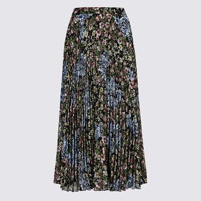  Floral Print Pleated Straight Hem Midi Skirt 