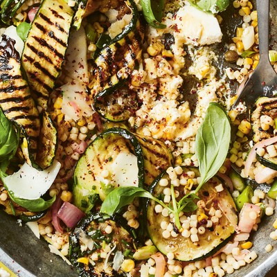 Fregola With Courgettes, Corn, Basil & Ricotta