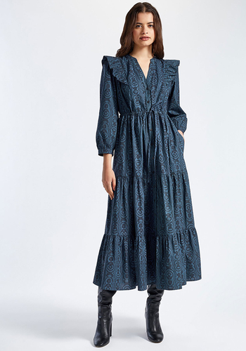 Dixie Cotton Drawstring Long Sleeve Frill Maxi Dress from Cefinn