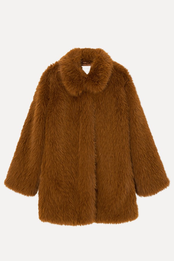 Rear Tab Detail Faux Fur Coat