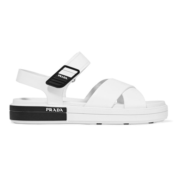 Logo Embossed Rubber Trimmed Leather Sandals from Prada