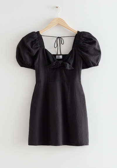 Bow Detail Linen Mini Dress