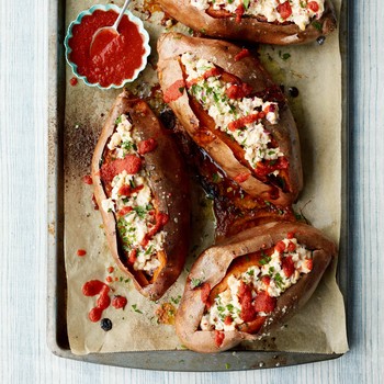 Baked Sweet Potatoes With Spicy Chickpea Mayo