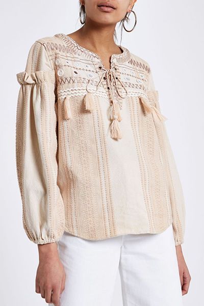 Cream Broderie Tie Neck Smock Top from River Island