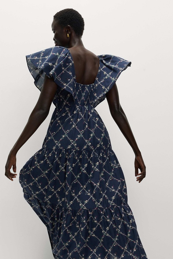 Cotton Rich Floral V-Neck Midi Tiered Dress