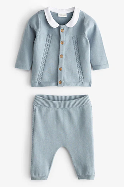 Delicate Cable Fine Knit Baby Cardigan With Collar & Leggings Set