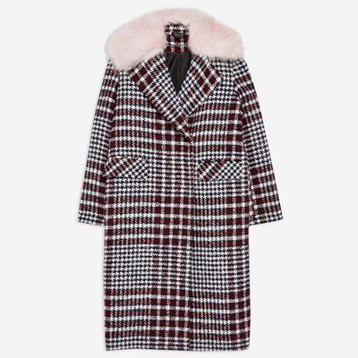 Faux Fur Collar Check Coat