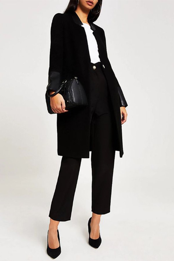 Black PU Panelled Single–Breasted Coat