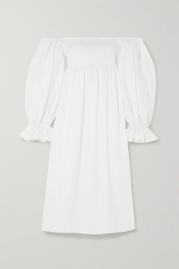 Atlanta Off-The-Shoulder Shirred Linen Midi Dress from Sleeper