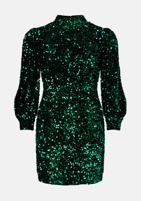 Velvet Sequin Cut Out Back Puff Sleeve Dress from Warehouse