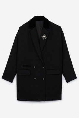 Coat With Velvet Details And Brooch from The Kooples