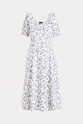 Floral Ruffle-Trim Linen Dress