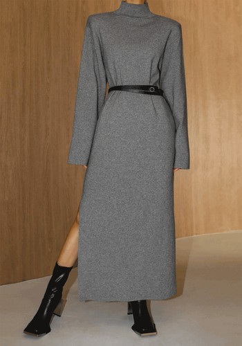 Signature High Neck Wool Slit Dress from Marcéla