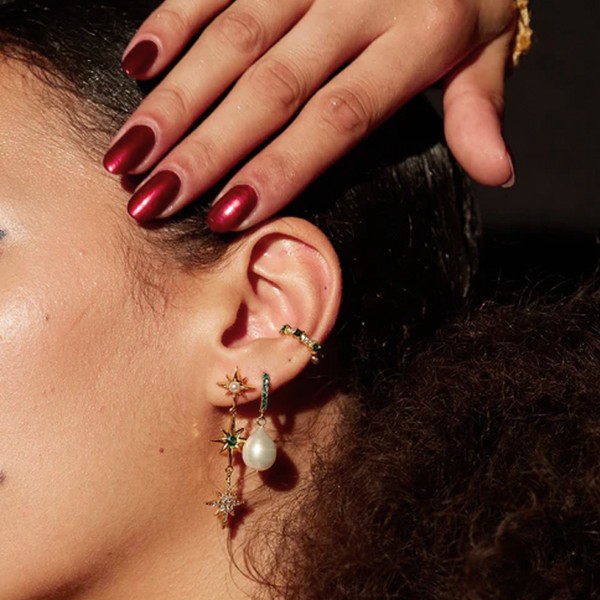 Pearl Drop Emerald Pave Huggie Hoop Earrings