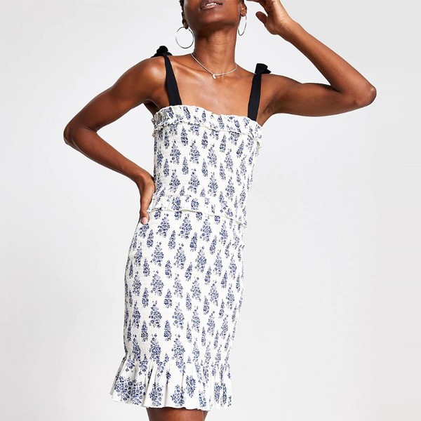 White Print Shirred Bodycon Mini Dress