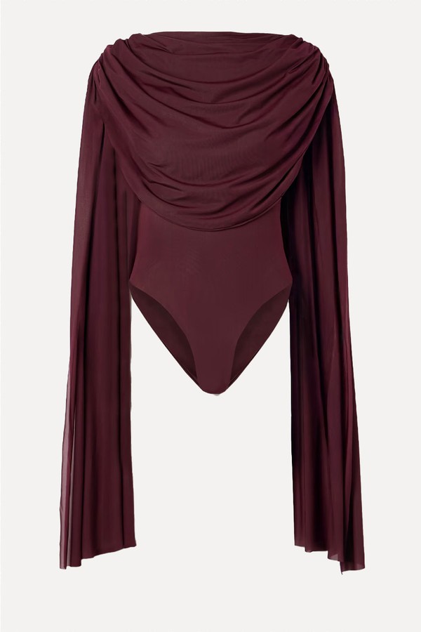 Burano Cape-Effect Draped Stretch-Jersey Bodysuit from MAYGEL CORONEL