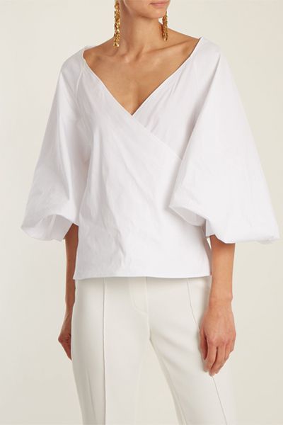 Josie V-Neck Puff-Sleeved Stretch-Cotton Top from Caroline Constas