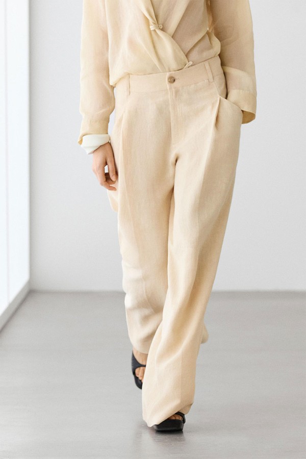Wide-Leg Linen Trousers With Pocket Detail
