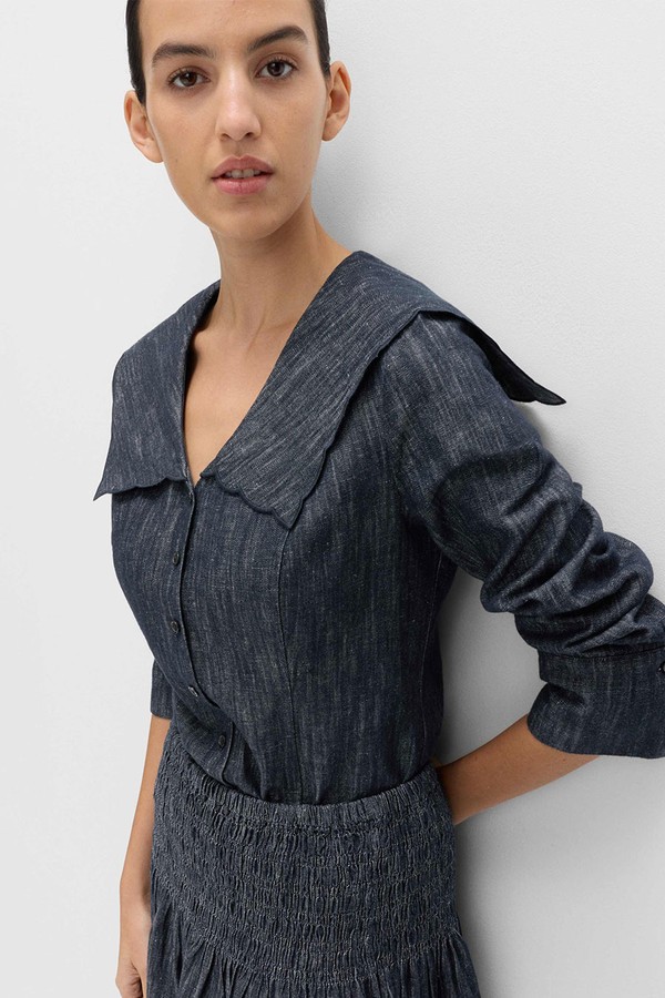 Linen Blend Denim Scallop Collar Shirt
