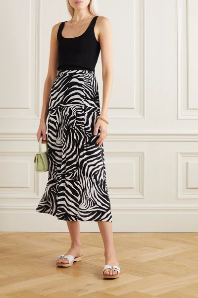 Nancy Pleated Zebra-Print Silk Crepe De Chine Midi Skirt from Rixo