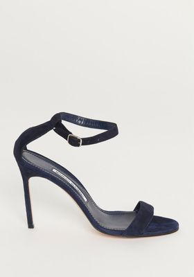 Navy Blue Suede Open Heels with Adjustable Ankle Strap from Manolo Blahnik