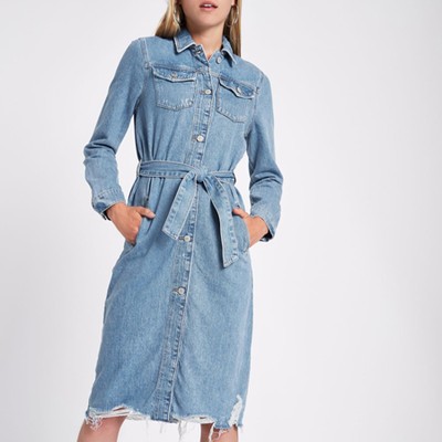 Denim Longline Tie Waist Shirt Dress