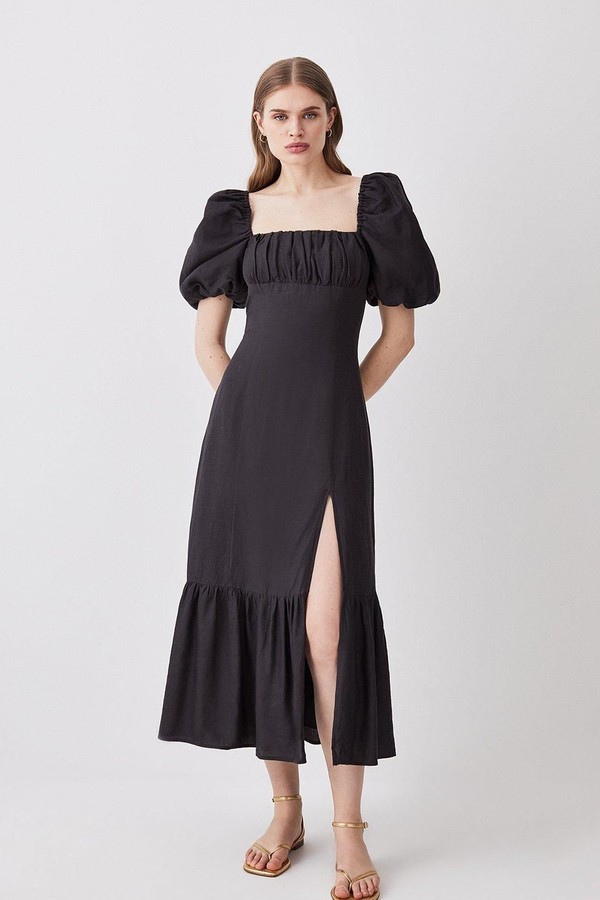 Linen Viscose Puff Sleeve Midi Sundress