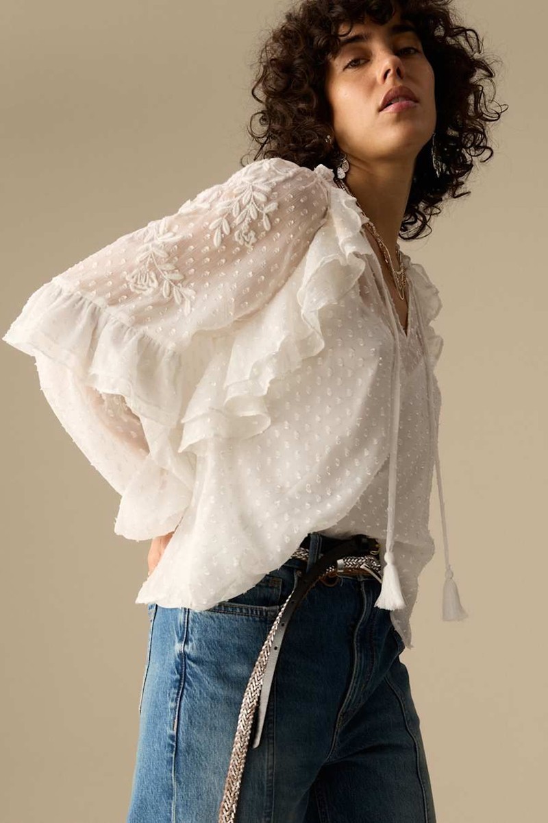 Textured Tie Neck Ruffle Puff Sleeve Blouse