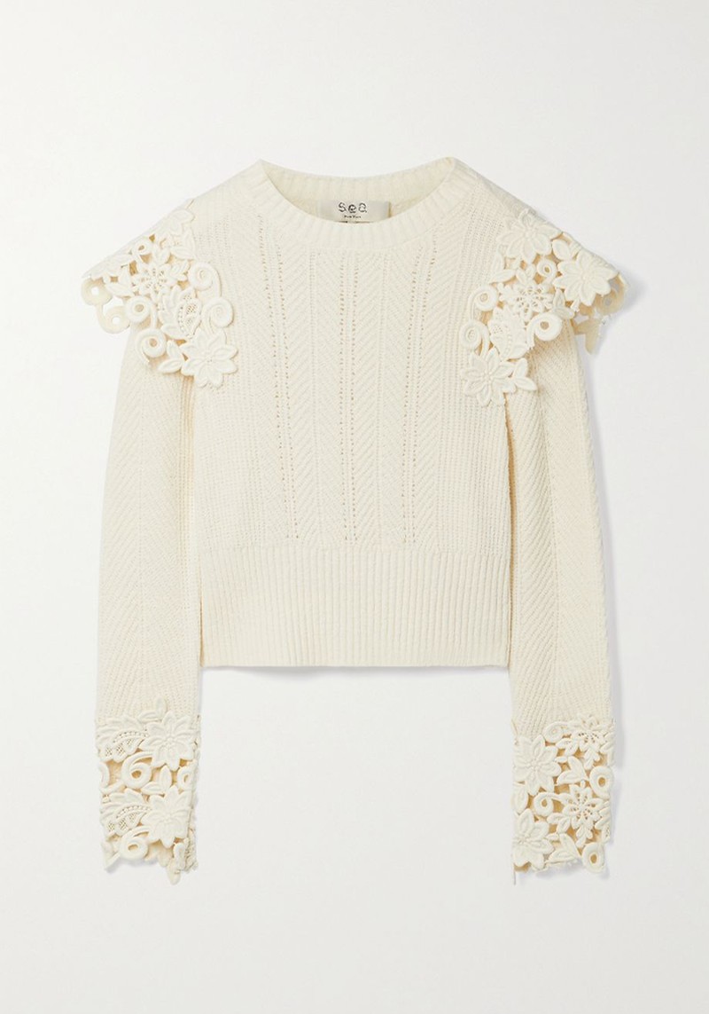 Zandra Guipure Lace-Trimmed Ribbed Cotton-Blend Sweater from Sea
