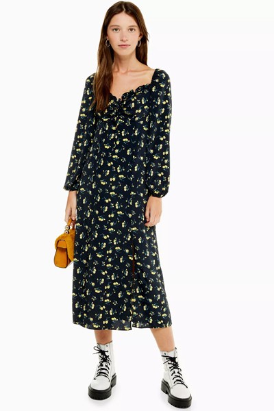 Yellow Floral Print Prairie Square Neck Midi Dress