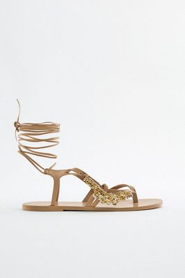 Flat Lace-Up Sandals With Beads from Zara