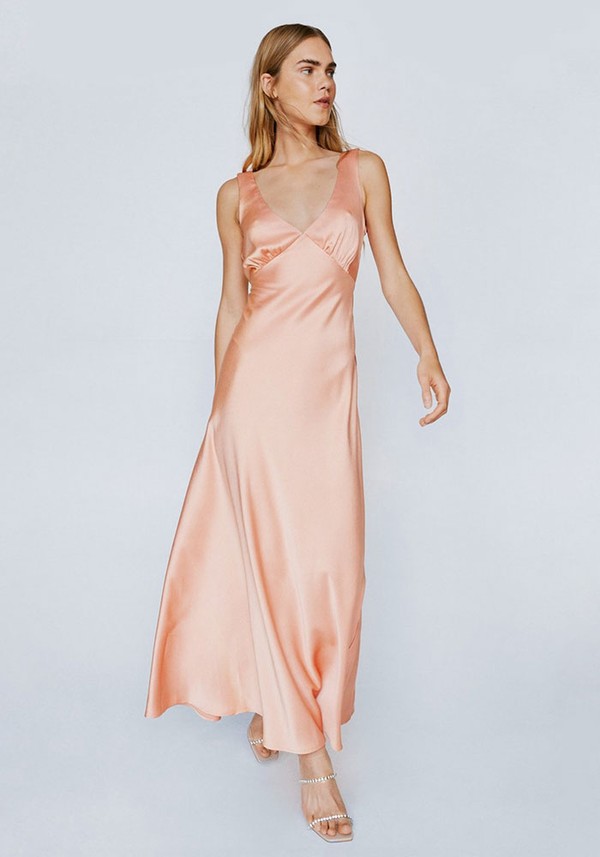 Plunge Neck Crinkle Satin Maxi Dress