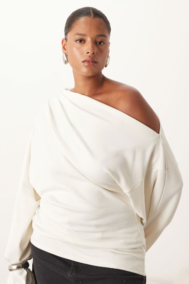 Curve Jersey Off Shoulder Wide Sleeve Top With Ruched Hem