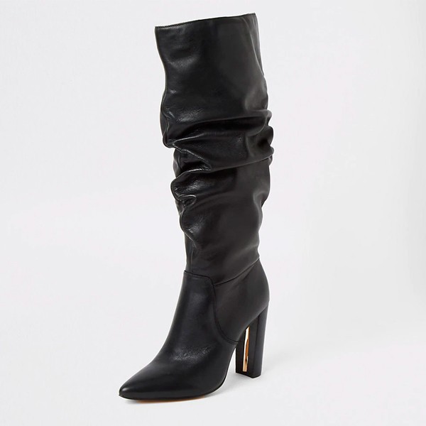 Black Leather Slouch Heel Boot